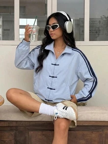 SHEIN Jaket Kasual Musim Gugur/Musim Dingin Warna Biru Muda dengan Pita Sambungan, Kerah Tegak, dan Bahu Jatuh. - Biru - View 13