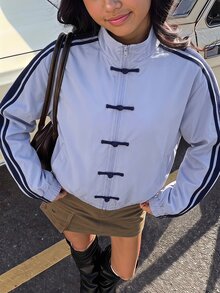 SHEIN Jaket Kasual Musim Gugur/Musim Dingin Warna Biru Muda dengan Pita Sambungan, Kerah Tegak, dan Bahu Jatuh. - Biru - View 10