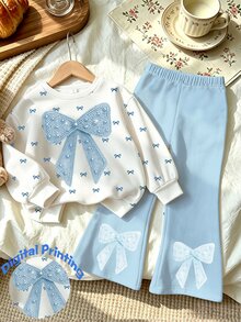 SHEIN 幼童女款蝴蝶結印花運動衫與喇叭褲套裝，白色與淺藍色，甜美風 (2件組) 秋冬款 - 彩色 - 查看 6