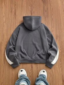 SWAVVY 男士春秋休閒標準尺寸寬鬆版型黑色連帽衛衣，滿版印花 - 彩色 - 查看 6