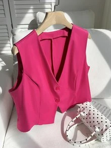 Comfortcana Plus Size Lightweight Hot Pink Suit Vest Graduation, Back To School, Teacher For Women In Fall/Winter - Hot Pink - View 4