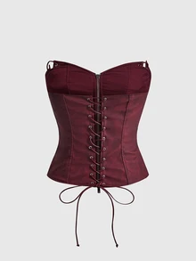 ROMWE Y2K Lace Up Front Zip Up Crop Tube Top - Burgundy - View 10