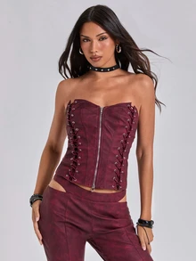 ROMWE Y2K Lace Up Front Zip Up Crop Tube Top - Burgundy - View 4