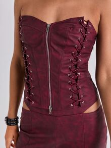 ROMWE Y2K Lace Up Front Zip Up Crop Tube Top - Burgundy - View 2