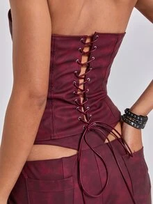 ROMWE Y2K Lace Up Front Zip Up Crop Tube Top - Burgundy - View 8