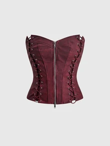 ROMWE Y2K Lace Up Front Zip Up Crop Tube Top - Burgundy - View 9