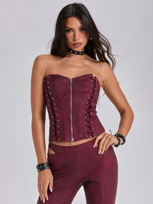 ROMWE Y2K Lace Up Front Zip Up Crop Tube Top - Burgundy - View 1