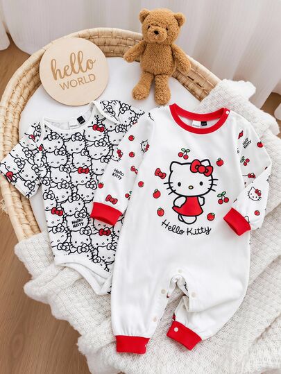 HELLO KITTY AND FRIENDS | SHEIN Tuta da neonata e neonato con motivo cartoni animati & colore unito, in maglia morbida casual per sport all'aperto e gattonamento, set versatile da 2 pezzi con body a maniche lunghe collo tondo + body a maniche corte collo tondo, tessuto comodo e delicato sulla pelle, adatto per uso quotidiano
