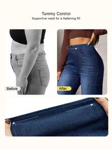 Flexra Celana Jeans Denim Wanita Pinggang Tinggi Kasual Serbaguna untuk Pemakaian Sehari-hari - Dark Wash - View 6