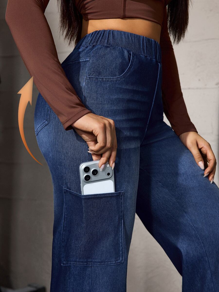 Flexra Celana Jeans Denim Wanita Pinggang Tinggi Kasual Serbaguna untuk Pemakaian Sehari-hari