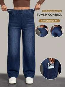 Flexra Celana Jeans Denim Wanita Pinggang Tinggi Kasual Serbaguna untuk Pemakaian Sehari-hari - Dark Wash - View 10