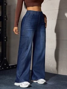 Flexra Celana Jeans Denim Wanita Pinggang Tinggi Kasual Serbaguna untuk Pemakaian Sehari-hari - Dark Wash - View 5