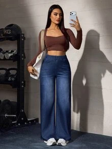 Flexra Celana Jeans Denim Wanita Pinggang Tinggi Kasual Serbaguna untuk Pemakaian Sehari-hari - Dark Wash - View 4