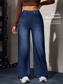 Flexra Celana Jeans Denim Wanita Pinggang Tinggi Kasual Serbaguna untuk Pemakaian Sehari-hari - Dark Wash - View 8