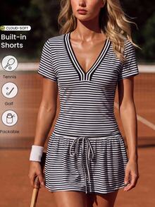 CourtClass CourtClass Women's Striped Colorblock Short Sleeve Top And Drawstring Waist Mini Skirt Sports Ball Outfit Set - Blue and White - View 1