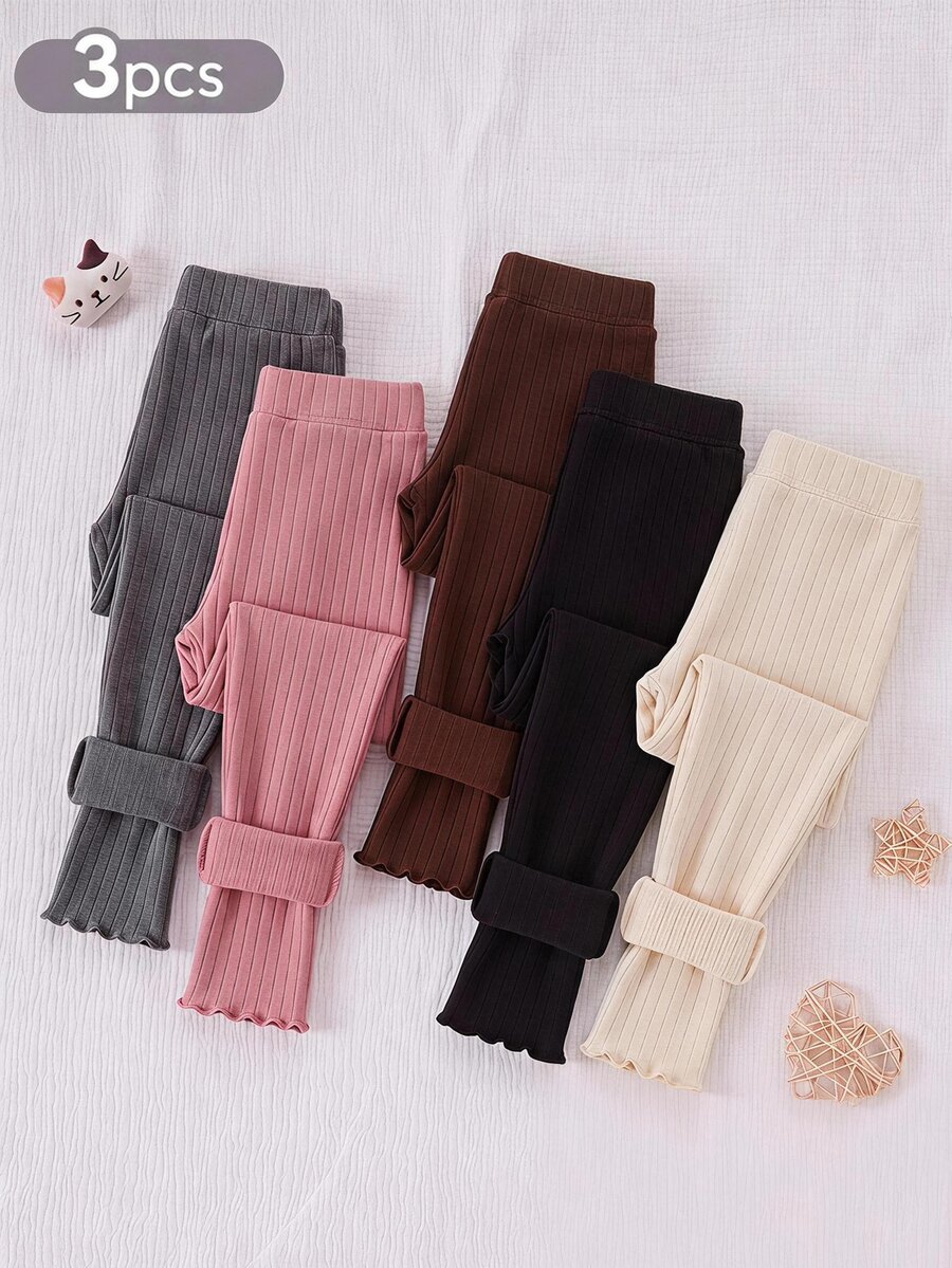 Souflis Souflis Setelan Legging 3 Potong Kasual Musim Gugur/Dingin untuk Anak Perempuan, Cocok untuk Semua Musim, Sederhana, Manis, Imut, Serbaguna, Lembut, Nyaman, Rajutan Bertekstur Halus, dan Berpinggiran Ribbed. - MultiWarna - View 1