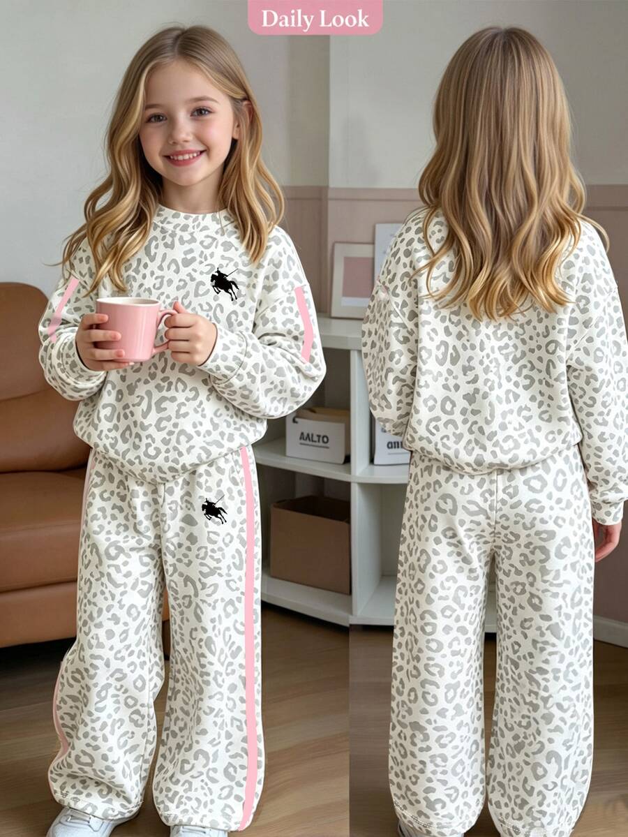 Toddler Girls Leopard Print Sweatshirt & Wide Leg Pants Set, Pink Stripe Casual Fall Winter Outfit, 2 Pcs - Multicolor - View 1