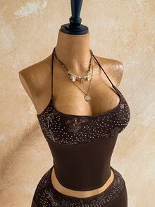 Soleia Setelan Seksi 2 Potong Wanita: Atasan Tank Top Halter Motif Bunga Berpayet dan Rok Bodycon - Coklat - View 6