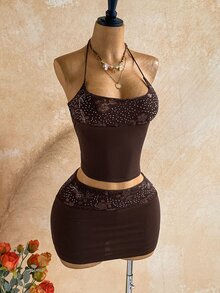 Soleia Setelan Seksi 2 Potong Wanita: Atasan Tank Top Halter Motif Bunga Berpayet dan Rok Bodycon - Coklat - View 3