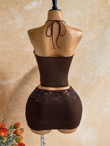 Soleia Setelan Seksi 2 Potong Wanita: Atasan Tank Top Halter Motif Bunga Berpayet dan Rok Bodycon - Coklat - View 4