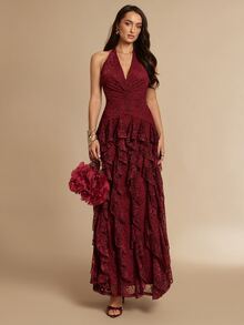 Silquee 女款V領蕾絲荷葉邊優雅掛脖洋裝，秋季女裝，適合節慶、新年造型、婚禮賓客與派對穿著 - 紅色 - 查看 3