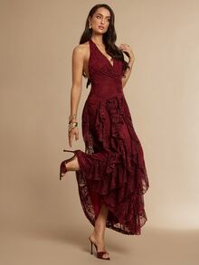 Silquee 女款V領蕾絲荷葉邊優雅掛脖洋裝，秋季女裝，適合節慶、新年造型、婚禮賓客與派對穿著 - 紅色 - 查看 5