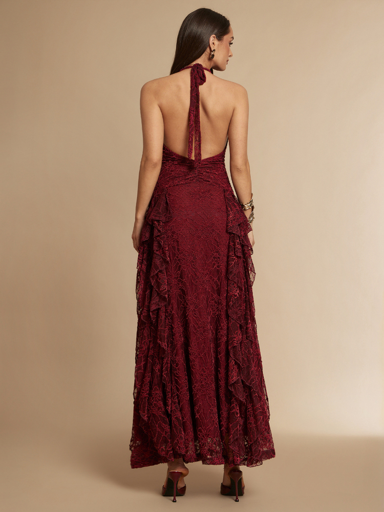 Silquee Women's V-Neck Lace Ruffle Hem Elegant Halter Neck Dress Autumn Outfit For Women Festival Outfits For Women New Year Look Wedding Guest Party Dress - Red - View 2