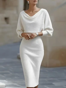 Balvessa Women's Solid Color Cowl Neck Batwing Long Sleeve Fitted Elegant Knit Dress - White - View 4