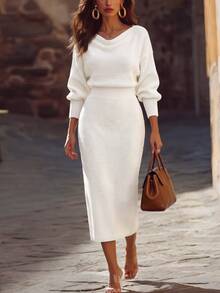 Balvessa Women's Solid Color Cowl Neck Batwing Long Sleeve Fitted Elegant Knit Dress - White - View 3