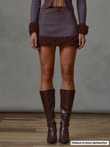 MUSERA Contrast Ribbed Knit Fur Trim Skirt Fall Winter Everyday Casual Going Out Cool Girl Forces - Multicolor - View 1