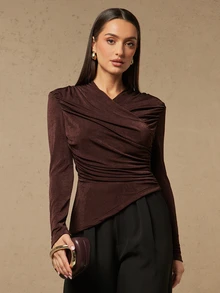Silquee Women's Solid Color Pleated Fitted Versatile Daily Casual Top Work Outfits For Women Work Outfits For Women Going Out Tops All-Match Blouses - Coffee Brown - View 8