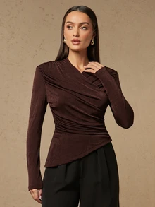 Silquee Women's Solid Color Pleated Fitted Versatile Daily Casual Top Work Outfits For Women Work Outfits For Women Going Out Tops All-Match Blouses - Coffee Brown - View 6