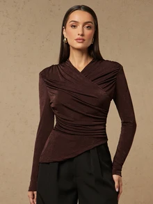 Silquee Women's Solid Color Pleated Fitted Versatile Daily Casual Top Work Outfits For Women Work Outfits For Women Going Out Tops All-Match Blouses - Coffee Brown - View 9