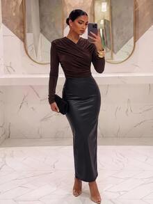 Silquee Women's Solid Color Pleated Fitted Versatile Daily Casual Top Work Outfits For Women Work Outfits For Women Going Out Tops All-Match Blouses - Coffee Brown - View 2