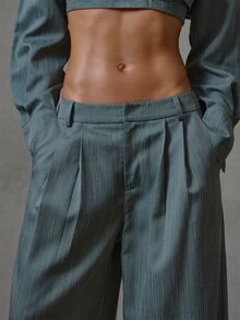 MUSERA Pinstriped Pleated Tailored Style Loose Trouser Fall Winter Everyday Casual Back To School Forces - Army Green - View 5