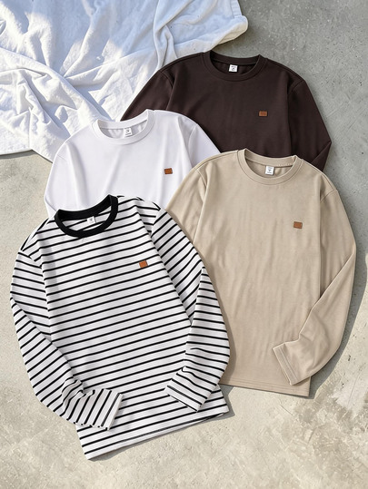 Vacaura 4pcs/Set Men's Teen Casual Minimalist Basic Multi-Color Striped Crew Neck Long Sleeve T-Shirts, Suitable For Autumn Single Wear And Winter Layering Under Jackets Or Vests
