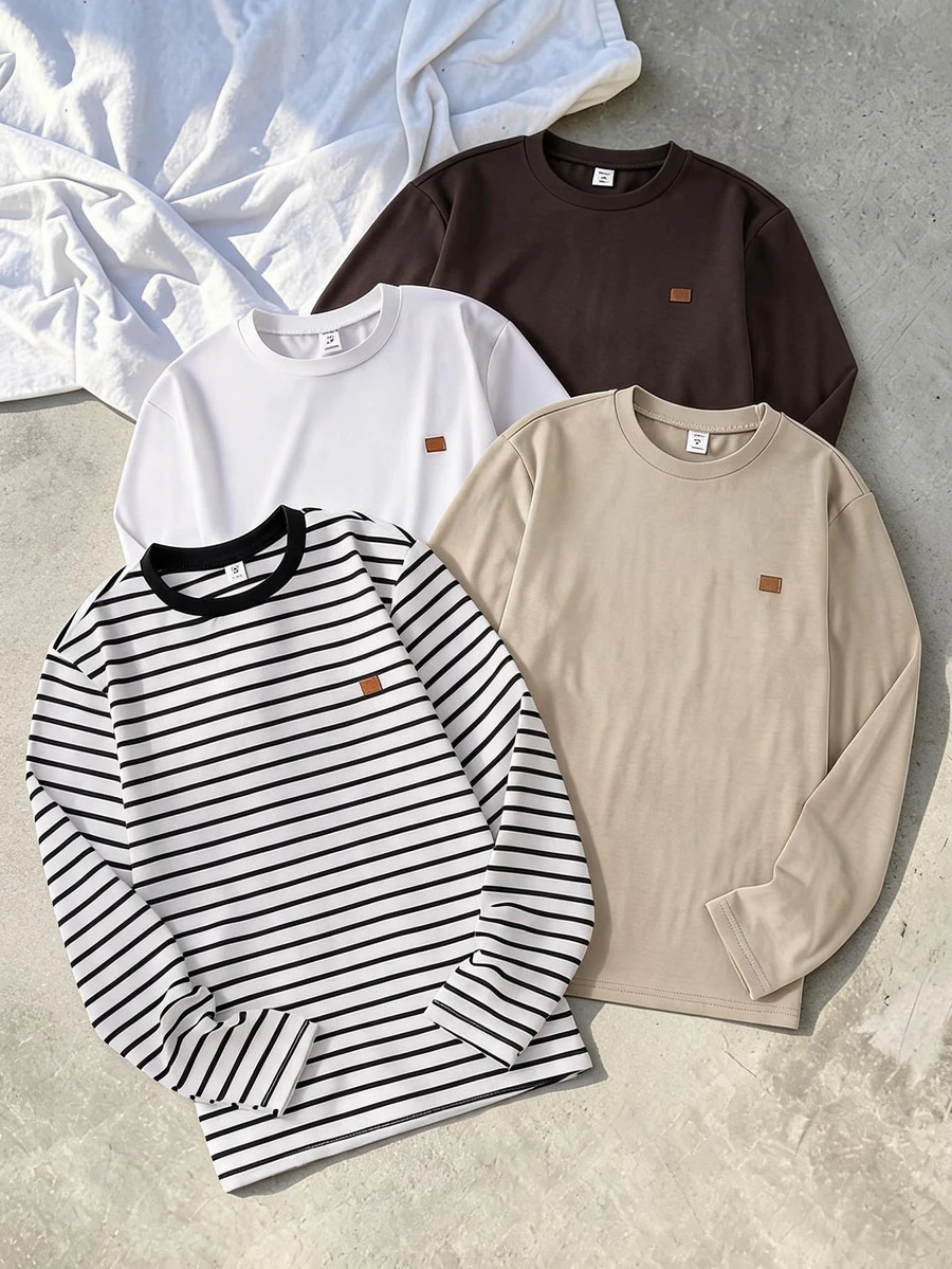 Vacaura 4pcs/Set Men's Teen Casual Minimalist Basic Multi-Color Striped Crew Neck Long Sleeve T-Shirts, Suitable For Autumn Single Wear And Winter Layering Under Jackets Or Vests - Coffee Brown - View 1