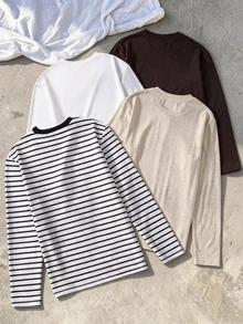 Vacaura 4pcs/Set Men's Teen Casual Minimalist Basic Multi-Color Striped Crew Neck Long Sleeve T-Shirts, Suitable For Autumn Single Wear And Winter Layering Under Jackets Or Vests - Coffee Brown - View 2