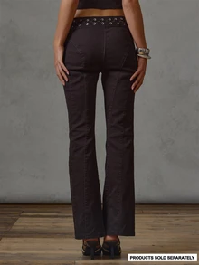 MUSERA Dark Brown Woven Eyelet Detail Flared Pants Fall Winter Everyday Casual 70s Retro Going Out Night Out Cool Girl Forces - Coffee Brown - View 2