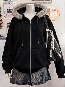 Comfortcana Plus Size Women's Grey Versatile Casual Hooded Long Sleeve Sweatshirt, Suitable For Autumn/Winter Wear - Black - View 1