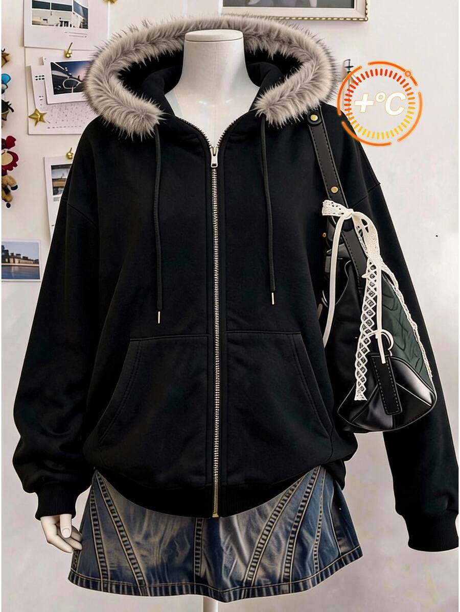 Comfortcana Plus Size Women's Grey Versatile Casual Hooded Long Sleeve Sweatshirt, Suitable For Autumn/Winter Wear - Black - View 1
