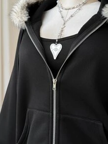 Comfortcana Plus Size Women's Grey Versatile Casual Hooded Long Sleeve Sweatshirt, Suitable For Autumn/Winter Wear - Black - View 3