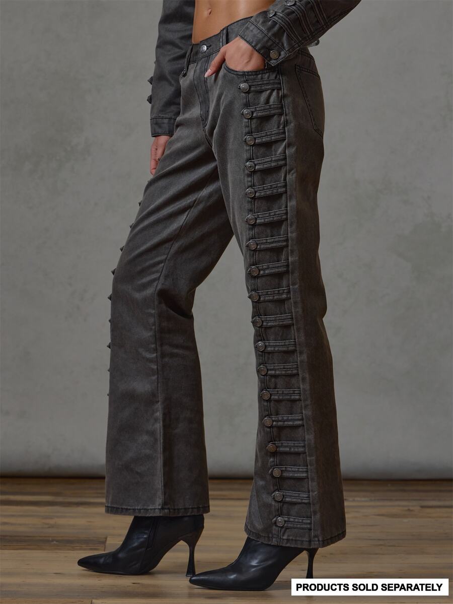 MUSERA Dark Grey Detail Fitted Flare Denim Jeans Fall Winter Everyday Night Out Casual Vintage Streetwear Back To School Forces - Grey - View 1