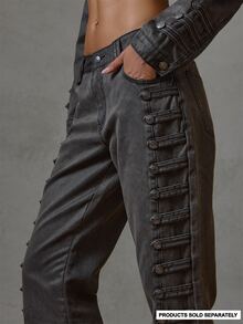 MUSERA Dark Grey Detail Fitted Flare Denim Jeans Fall Winter Everyday Night Out Casual Vintage Streetwear Back To School Forces - Grey - View 2