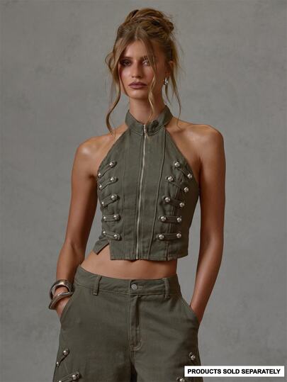 MUSERA Khaki Denim Halterneck Military Detail Top Fall Winter Everyday Casual Going Out Cool Girl Festival Forces