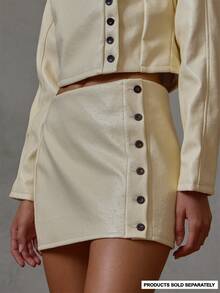 MUSERA Cream Textured Faux Leather Button Side Details Mini Skirt Fall Winter Everyday Casual Going Out Cool Girl Festival Forces - Cream - View 2