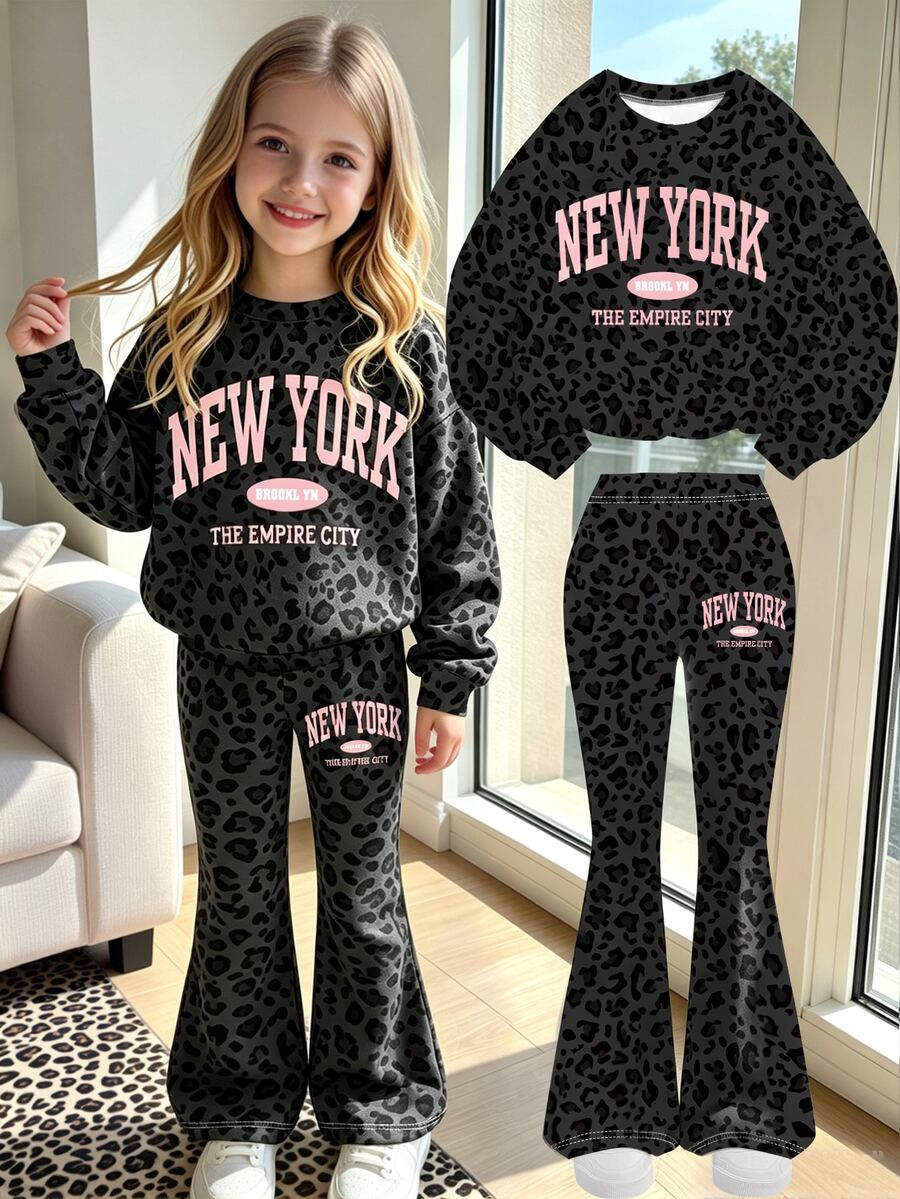Girls' Dark Leopard Print & Letter Pattern Crew Neck Sweatshirt And Flare Pants 2 Pieces Set, Suitable For Autumn/Winter Wear - Multicolor - View 1