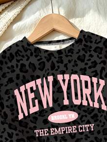 Girls' Dark Leopard Print & Letter Pattern Crew Neck Sweatshirt And Flare Pants 2 Pieces Set, Suitable For Autumn/Winter Wear - Multicolor - View 5