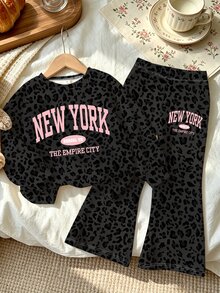 Girls' Dark Leopard Print & Letter Pattern Crew Neck Sweatshirt And Flare Pants 2 Pieces Set, Suitable For Autumn/Winter Wear - Multicolor - View 4