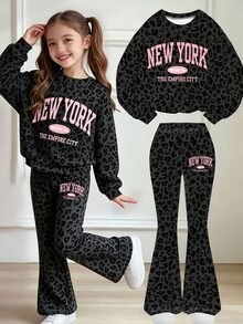 Girls' Dark Leopard Print & Letter Pattern Crew Neck Sweatshirt And Flare Pants 2 Pieces Set, Suitable For Autumn/Winter Wear - Multicolor - View 3